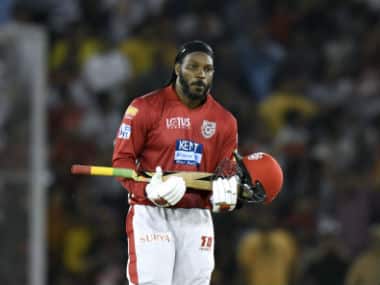 Kings XI Punjab’s Chris Gayle celebrates his century during the IPL 2018 match against Sunrisers Hyderabad in Mohali. AFP 