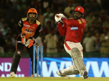 KXIP’s Chris Gayle in IPL 2018 action against SRH in Mohali. Sportzpics