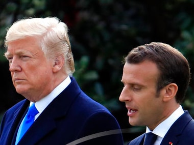 French President Emanuel  Macron with US President Donald Trump  during his three-day state visit to Washington. AP