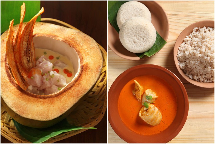 O Pedro's Red Snapper “Poke” (Left) and Beryl’s Fish Curry, Sannas, and Goa Rice (Right). Photographs by Sanjay Ramchandran