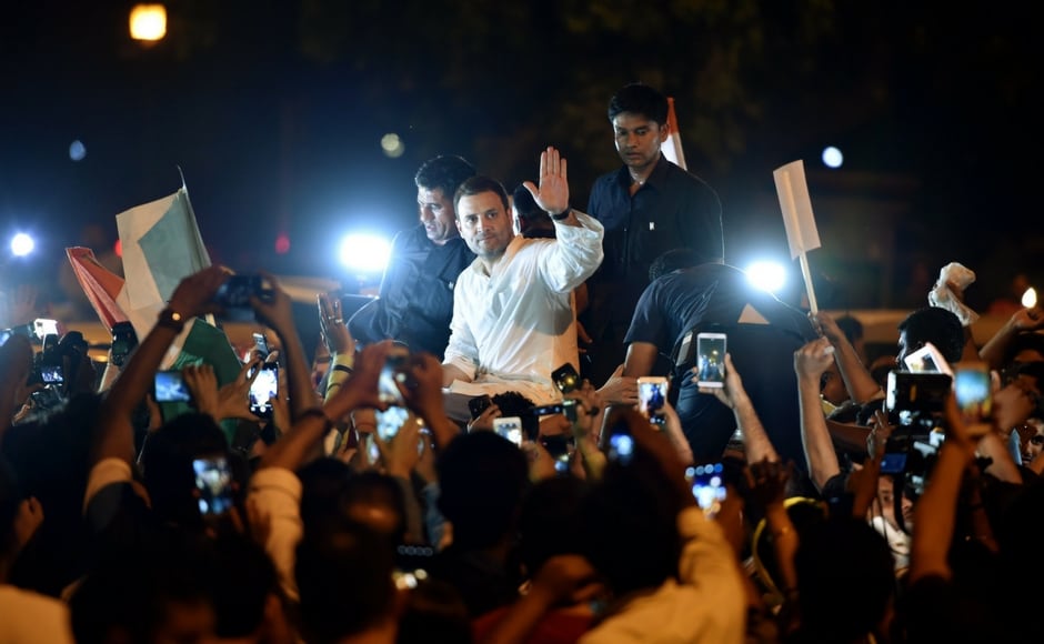 Congress president Rahul Gandhi led a midnight protest by party workers at India Gate against the Congress president Rahul Gandhi led a midnight protest by party workers at India Gate against the