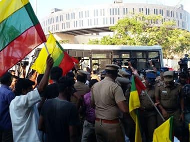 The protesters outside the MA Chidambaram stadium. Abdul Kathar Mydeen/ Team101Reporters