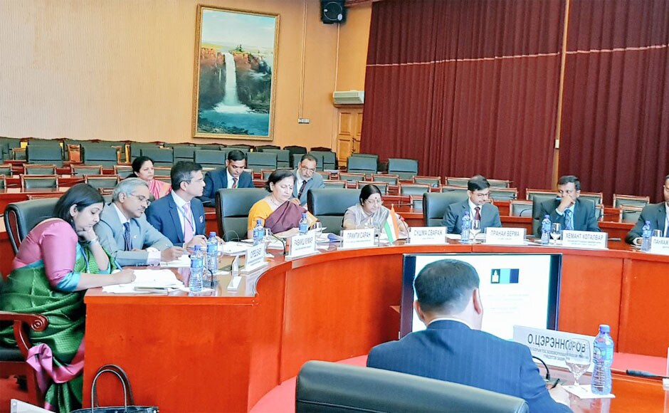 External affairs minister Sushma Swaraj and her Mongolian counterpart Damdin Tsogtbaatar co-chaired the sixth round of the India-Mongolia Joint Consultative Committee (IMJCC), focussing on a range of issues, including economic, energy, political, strategic, educational and cultural ties. Twitter/@MEAIndia External affairs minister Sushma Swaraj and her Mongolian counterpart Damdin Tsogtbaatar co-chaired the sixth round of the India-Mongolia Joint Consultative Committee (IMJCC), focussing on a range of issues, including economic, energy, political, strategic, educational and cultural ties. Twitter/@MEAIndia