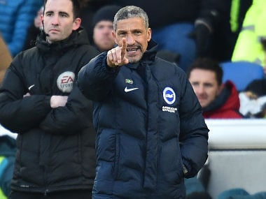 Brighton's Irish manager Chris Hughton gestures on the touchline during the English Premier League football match between Brighton and Hove Albion and Swansea City at the American Express Community Stadium in Brighton, southern England on February 24, 2018. / AFP PHOTO / Glyn KIRK / RESTRICTED TO EDITORIAL USE. No use with unauthorized audio, video, data, fixture lists, club/league logos or 'live' services. Online in-match use limited to 75 images, no video emulation. No use in betting, games or single club/league/player publications. /