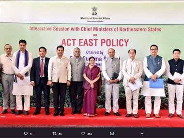 Union Minister Sushma Swaraj met chief ministers and representatives of eight northeastern states during an interactive session on Act East Policy. Image courtesy @MEAIndia