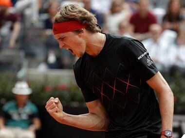 Germany's Alexander Zverev reacts after winning a point to Spain's Rafael Nadalduring their final match at the Italian Open tennis tournament in Rome, Sunday, May 20, 2018. (AP Photo/Gregorio Borgia)