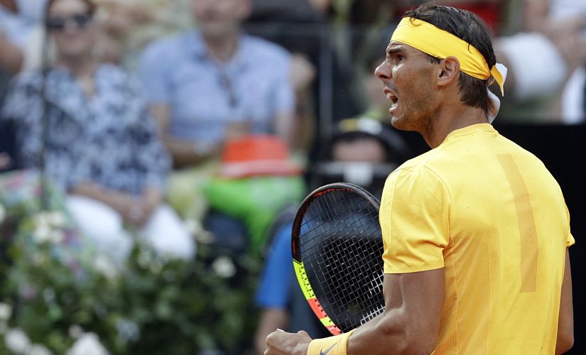 Spain's Rafael Nadal reacts after winning a point to Germany's Alexander Zverev during their final match at the Italian Open tennis tournament in Rome, Sunday, May 20, 2018. (AP Photo/Gregorio Borgia)