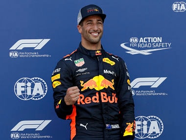 Pole position winner Red Bull driver Daniel Ricciardo of Australia celebrates at the end of the qualifying session for Sunday's Monaco Formula One Grand Prix at the Monaco racetrack, in Monaco, Saturday, May 26, 2018. (AP Photo/Claude Paris)