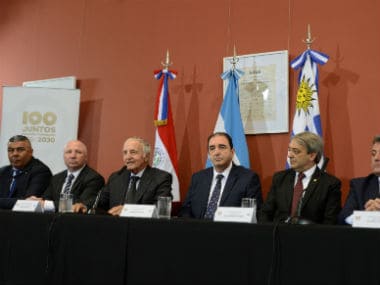 The Argentina FA with the head of Uruguay's delegation for the 2030 World Cup bid, during a news conference at the Casa Rosada Presidential Palace in Buenos Aires, Argentina. Reuters