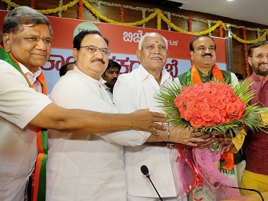 Union ministers flank BS Yeddyurappa, after he was elected leader of the BJP legislature party. PTI