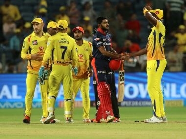 Vijay Shankar of Delhi Daredevils shake hands with Chennai Super Kings players after the match. Sportzpics