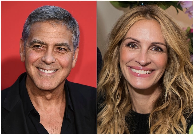 This combination photo shows George Clooney at the Los Angeles premiere of 