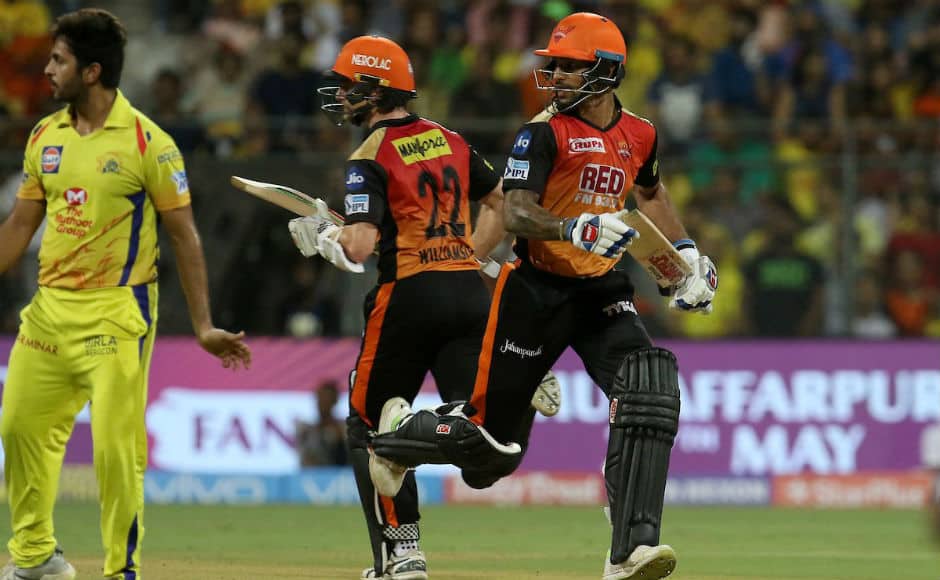 Sunrisers Hyderabad's Kane Williamson and Shikhar Dhawan run between the wickets. Twitter: @IPL