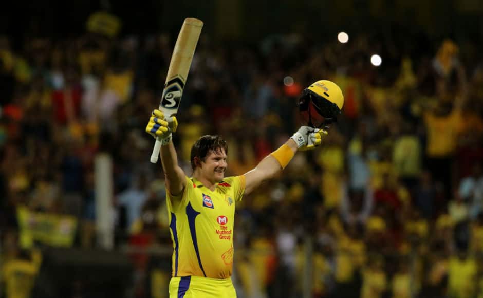 Chennai Super Kings' batsman Shane Watson celebrates his match-winning century against Sunrisers Hyderabad. Sportzpics