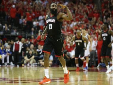 Houston Rockets' James Harden reacts after scoring against the Golden State Warriors. Reuters