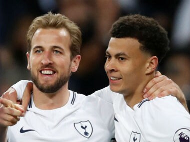 Tottenham's Harry Kane celebrates after scoring their second goal with Dele Alli. Reuters