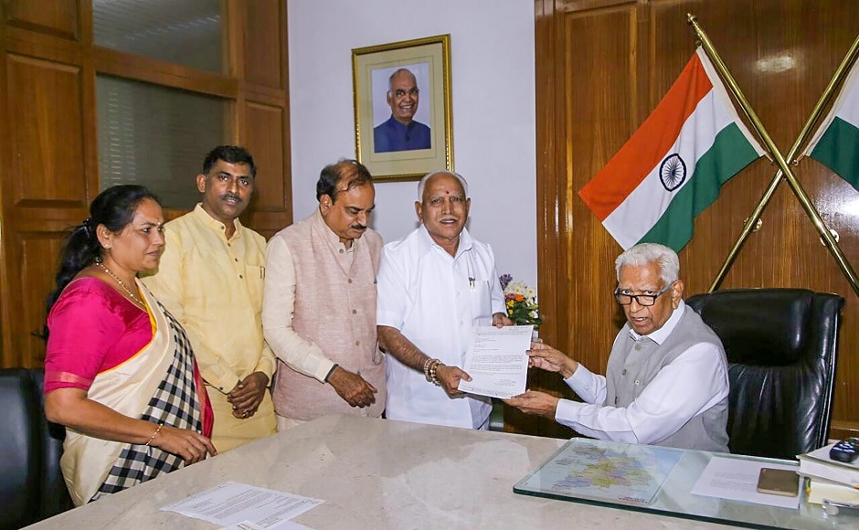 BJP leader and its chief ministerial candidate BS Yeddyurappa met and urged the Governor to let him prove his majority support in the Karnataka Assembly. He was accompanied by Union Minister Ananth Kumar. PTI BJP leader and its chief ministerial candidate BS Yeddyurappa met and urged the Governor to let him prove his majority support in the Karnataka Assembly. He was accompanied by Union Minister Ananth Kumar. PTI