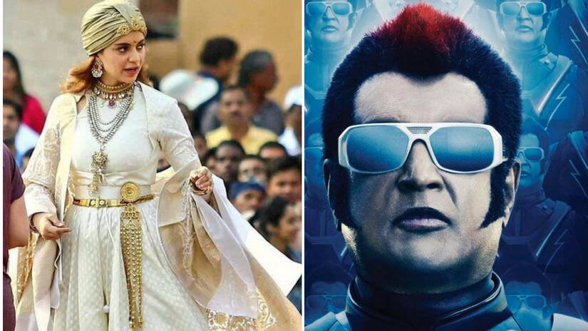 Kangana Ranaut on the sets of Manikarnika (left); Rajinikanth in 2.0 poster (right). Facebook