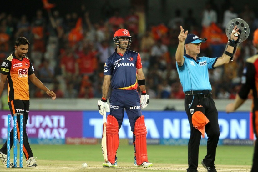 Umpire Bruce Oxenford ask for a third umpire review for a run-out of Glenn Maxwell in Delhi Daredevils’ match against Sunrisers Hyderabad. Sportzpics