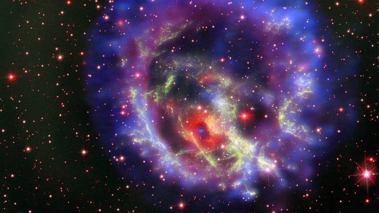 A composite image of the supernova 1E0102.2-7219 contains X-rays from Chandra (blue and purple), visible light data from VLT’s MUSE instrument (bright red), and additional data from Hubble (dark red and green). A neutron star, the ultra dense core of a massive star that collapses and undergoes a supernova explosion, is found at its center.