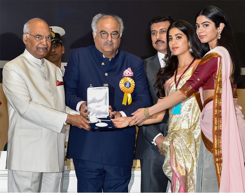 President Ram Nath Kovind confers Best Actress Award on veteran Bollywood actress Sridevi (posthumously), being received by her husband Boney Kapoor and daughters Janhvi and Khushi. PTI