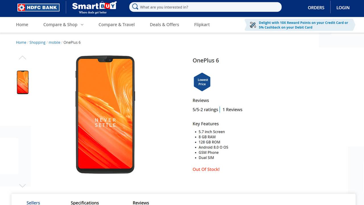 OnePlus 6 as listed on the HDFC SmartBuy website.