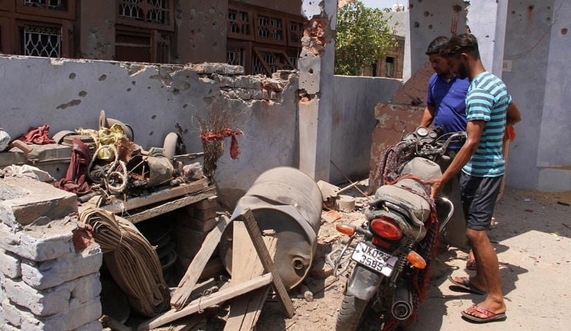 Bullet holes can be seen in walls of homes in Arnia sector of Jammu. Image courtesy Jamsheed Malik