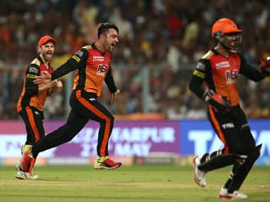Rashid Khan of the Sunrisers Hyderabad celebrates after taking the wicket of Andre Russell of the Kolkata Knight Riders during the second Qualifier of IPL 2018. Sportzpics 