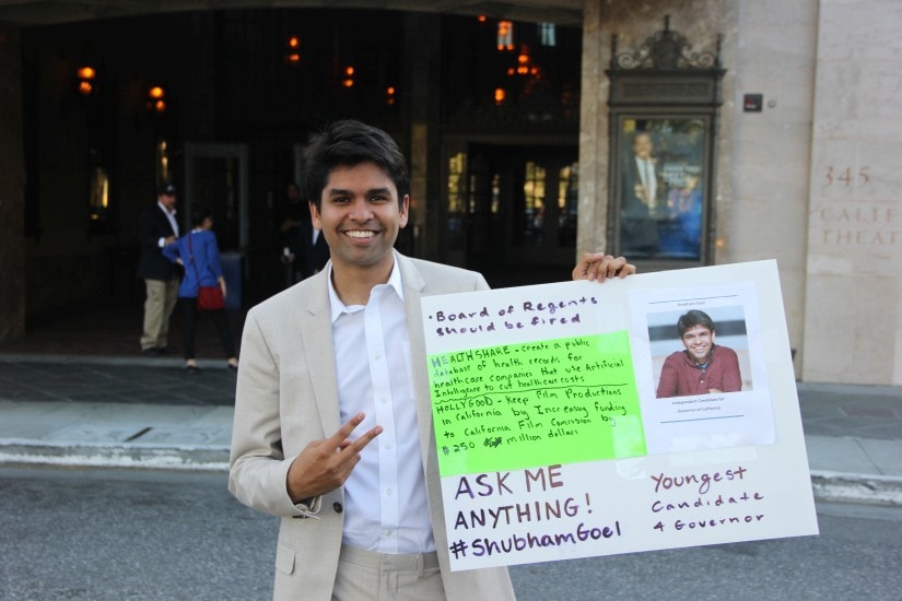 Shubham Goel outside the NBC San Jose Debate