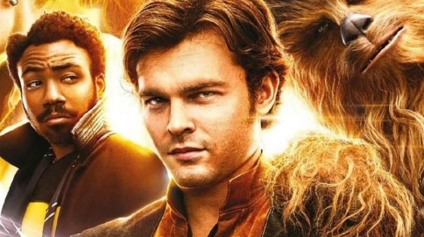 Donald Glover as Lando Calrissian, Alden Ehrenreich as Solo and Joonas Suotamo as Chewbacca in Solo: A Star Wars Story promo. LucasFilm
