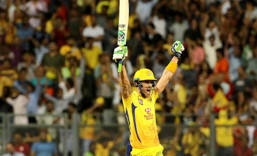 CSK’s Faf du plessis celebrating hitting the winning shot against Sunrisers Hyderabad in the Qualifier 1 at Wankhede. Sportzpics