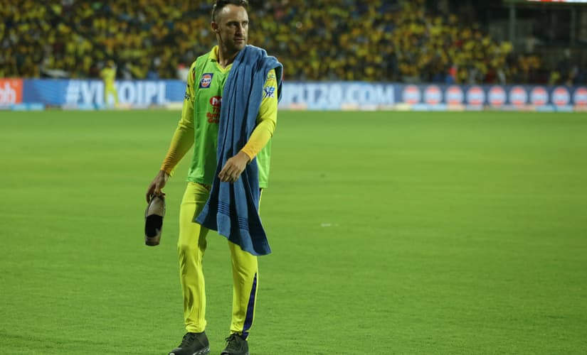 File image of Faf du Plessis holding a shoe that was hurled as a protest at the Chepauk stadium, Chennai. Sportzpics