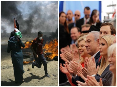 Palestinians protest near the border of Israel and the Gaza Strip (L). On the same day dignitaries, from left, Sara Netanyahu, her husband Israeli Prime Minister Benjamin Netanyahu, Senior White House Advisor Jared Kushner, and U.S. President Donald Trump's daughter, Ivanka Trump, applaud at the opening ceremony of the new U.S. embassy in Jerusalem (R). AP