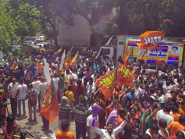 Celebrations BJP workers celebrate as the results of the Karnataka polls trickle in. 101Reporters/Elizabeth Mani