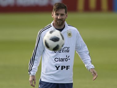 Argentina's forward Lionel Messi takes part in a training session at the team's base camp in Bronnitsy, near Moscow, Russia, on June 11, 2018, ahead of the Russia 2018 World Cup football tournament.. / AFP PHOTO / JUAN MABROMATA