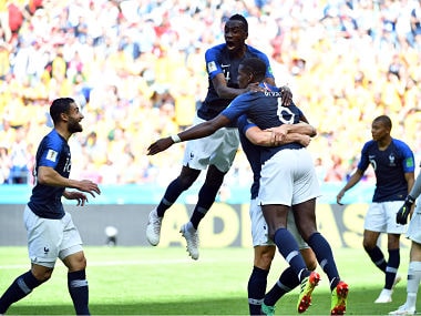 France's midfielder Paul Pogba (6) celebrates with teammates after scoring their second goal during the Russia 2018 World Cup Group C football match between France and Australia at the Kazan Arena in Kazan on June 16, 2018. / AFP PHOTO / SAEED KHAN / RESTRICTED TO EDITORIAL USE - NO MOBILE PUSH ALERTS/DOWNLOADS