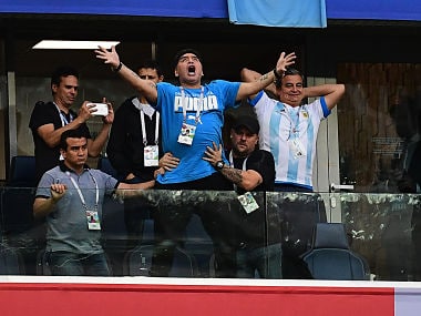 Diego Maradona (C) celebrates Argentina's opening goal against Nigeria. AFP