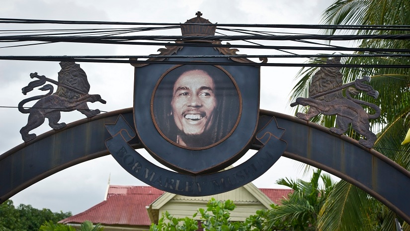 An arch depicting Bob Marley welcomes the visitors his museum in Kingston. AFP