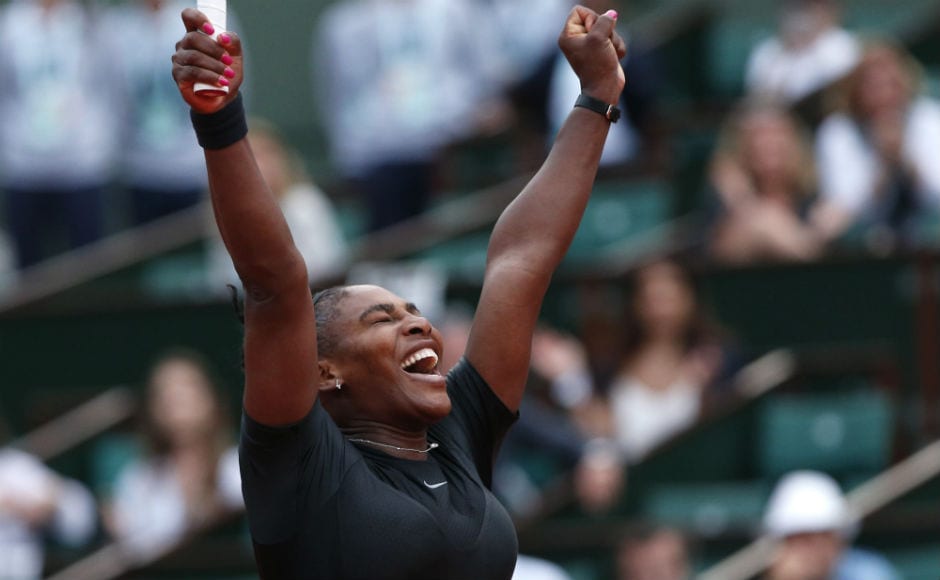 Serena Williams of the US celebrates winning her second round match of the French Open tennis tournament against Australia's Ashleigh Barty in three sets – 3-6, 6-3, 6-4. AP Serena Williams of the US celebrates winning her second round match of the French Open tennis tournament against Australia's Ashleigh Barty in three sets – 3-6, 6-3, 6-4. AP