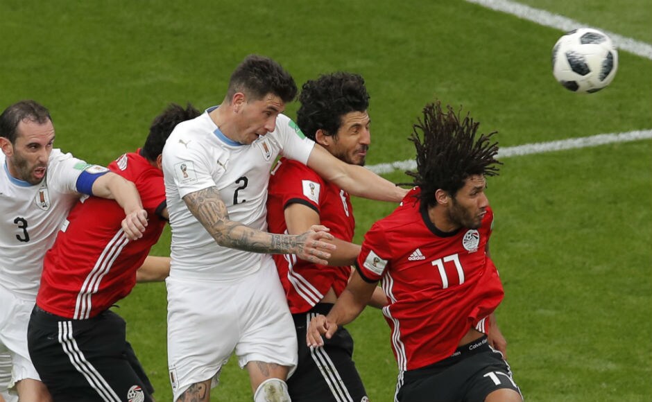 Jose Gimenez heads the ball into the net to score the winner for Uruguay against Egypt. AP Jose Gimenez heads the ball into the net to score the winner for Uruguay against Egypt. AP