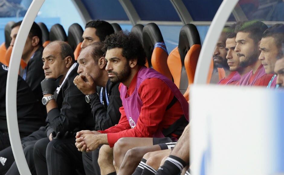 Mohamed Salah watches the Uruguay-Egypt battle from the sidelines. AP Mohamed Salah watches the Uruguay-Egypt battle from the sidelines. AP