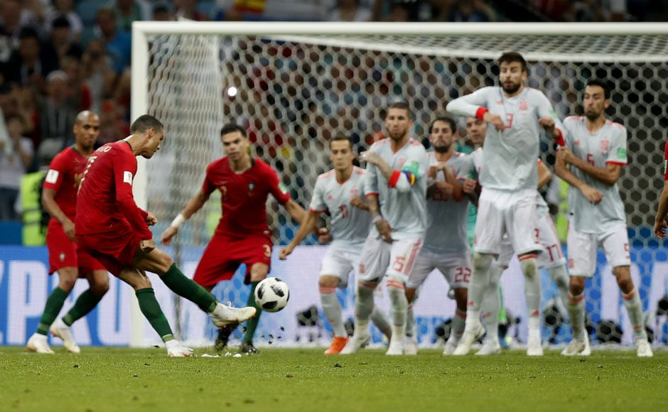 Cristiano Ronaldo takes the free kick in the 88th minute of the Portugal-Spain encounter. AP Cristiano Ronaldo takes the free kick in the 88th minute of the Portugal-Spain encounter. AP