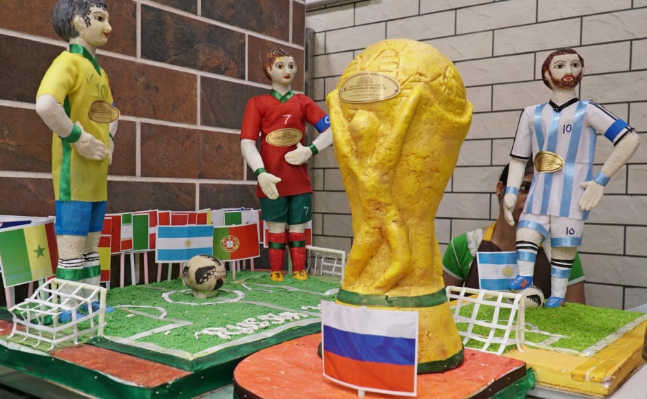 During the FIFA World Cup football makes its way even into the citys sweets Khoya or mawa models of the leading footballers are found at shops