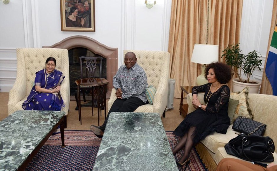 External Affairs Minister Sushma Swaraj met South African president Cyril Ramaphosa and Minister of International Relations Lindiwe Sisulu for dinner on Sunday at the Sefako Makgatho guesthouse. The trio discussed enhanced co-operation between the two nations in a number of fields including the likes of agriculture and information technology. Twitter@RuchirajKamboj External Affairs Minister Sushma Swaraj met South African president Cyril Ramaphosa and Minister of International Relations Lindiwe Sisulu for dinner on Sunday at the Sefako Makgatho guesthouse. The trio discussed enhanced co-operation between the two nations in a number of fields including the likes of agriculture and information technology. Twitter@RuchirajKamboj