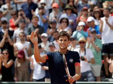 Austria's Dominic Thiem waves after defeating Greece's Stefanos Tsitsipas during their second round match of the French Open tennis tournament at the Roland Garros stadium, Thursday, May 31, 2018 in Paris. (AP Photo/Alessandra Tarantino)