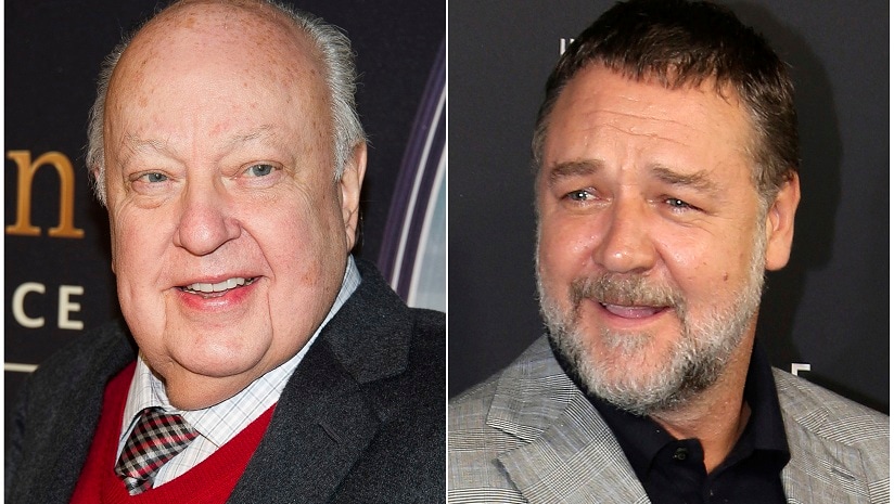 This combination photo shows Roger Ailes at a special screening of "Kingsman: The Secret Service" in New York on Feb. 9, 2015, left, and actor Russell Crowe at the Australian premiere of his movie "The Mummy" in Sydney on May 22, 2017. Crowe will portray Ailes in a new Showtime series about the late Fox News founder. The eight-episode series is based on “The Loudest Voice In The Room” by Gabriel Sherman. (AP Photo)