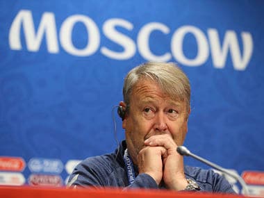 Denmark head coach Age Hareide looks on during Denmark's official press conference at the eve of the group C match against France. AP