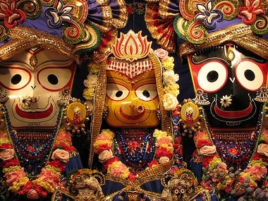 File image of the trinity of Hindu gods Jagannath, Balabhadra and Subhadra worshiped during the Rath Yatra. Wikimedia Commons
