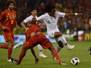 Portugal's Gelson Martins in action with Belgium's Vincent Kompany. Reuters
