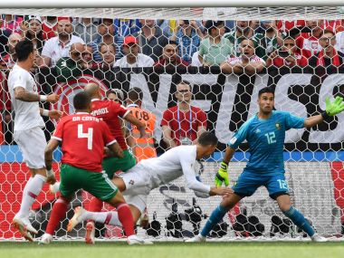 Cristiano Ronaldo scores against Morocco during the FIFA World Cup 2018 on 20 June. AFP